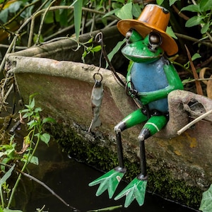 Upcycled Tin Frog Fishing Sculpture - Handmade Recycled Metal Art