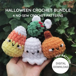 May include: A collection of handmade Halloween crochet items, including a candy corn, ghost, pumpkin, and a green monster. The image includes the text "HALLOWEEN CROCHET BUNDLE" and "4 NO-SEW CROCHET PATTERNS". A digital download is available.