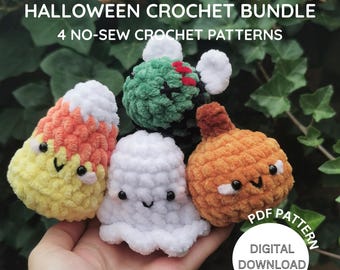 Paquete de patrones de crochet para Halloween: 4 mini amigurumis sin costura (PDF): fantasma, calabaza, maíz dulce, abeja zombi, peluches para principiantes