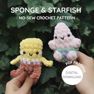 No-Sew Crochet Pattern Bundle – Yellow Sea Sponge & Pink Starfish Amigurumi PDF, Easy Ocean Plush Toy Set for Beginners