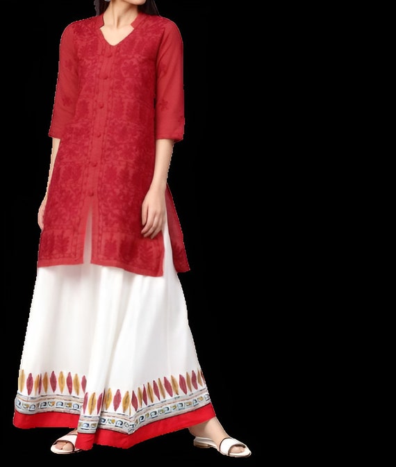 Eden Printed Kurta With Neck Tie Up Paired With Sharara Pants Embellis