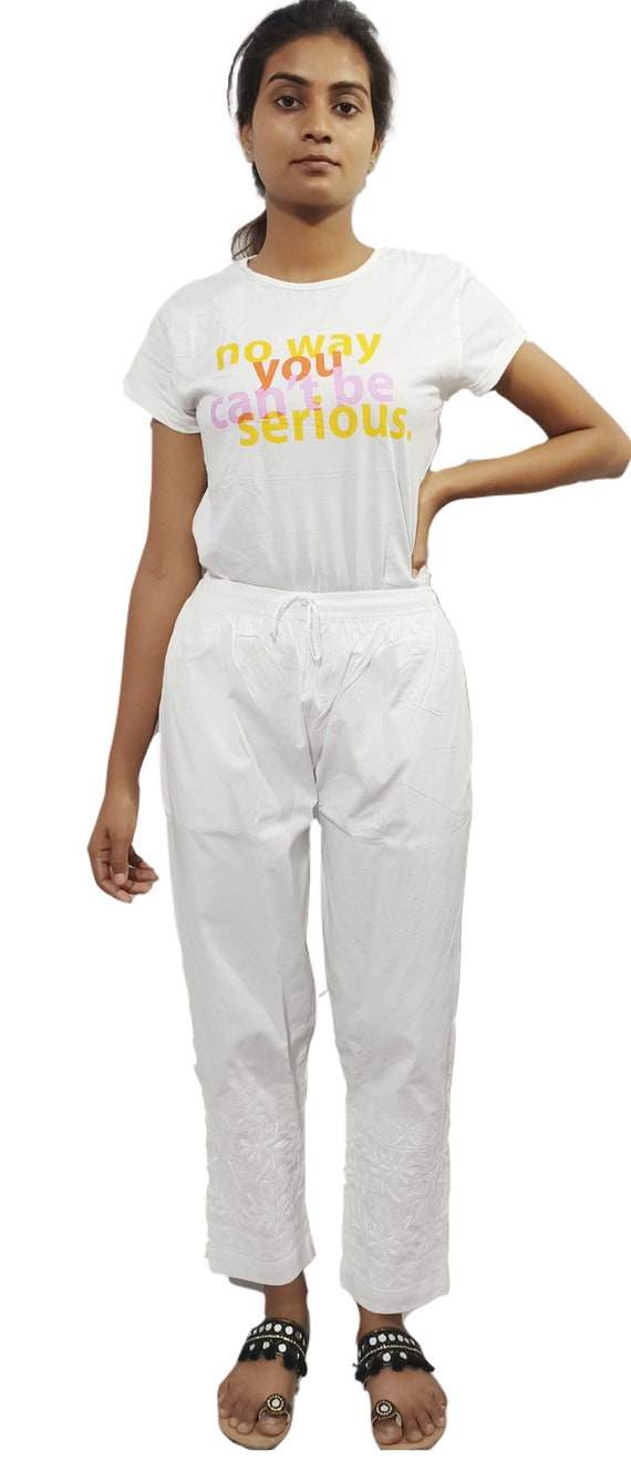 Chikankari Women Cotton Lycra Pants, White Embroidery Ladies Salwar, Women  Daily Wear Trouser Pants for Summer, Lucknowi Girls Pajama Pants -   Australia