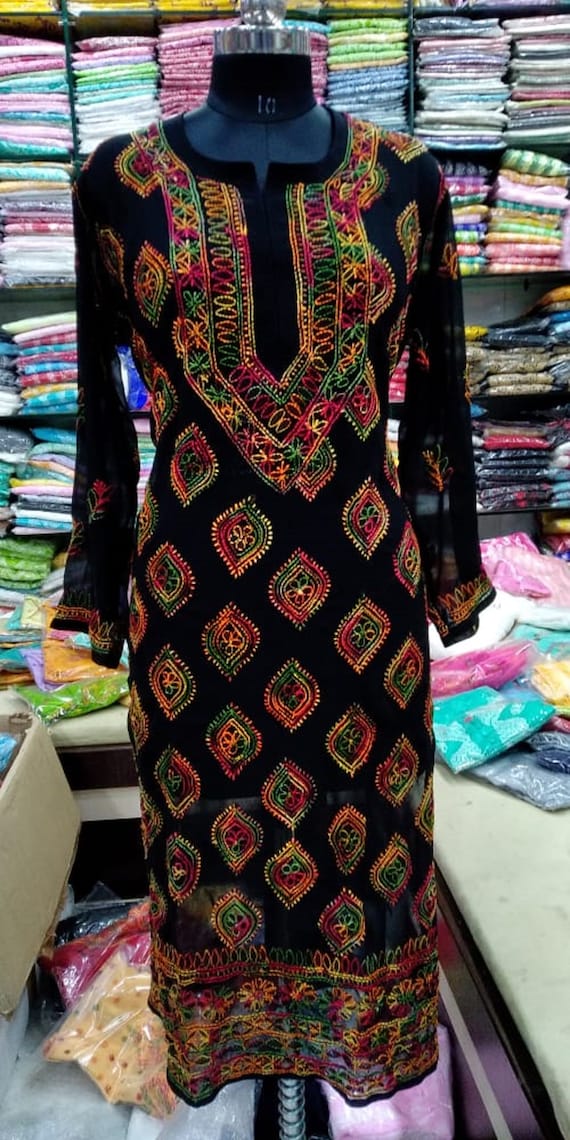 Ada Handmade Black Cotton Lucknowi Chikankari quarter sleeve stitched  Indian Women short Kurti - A250295 - Ada - 3622278