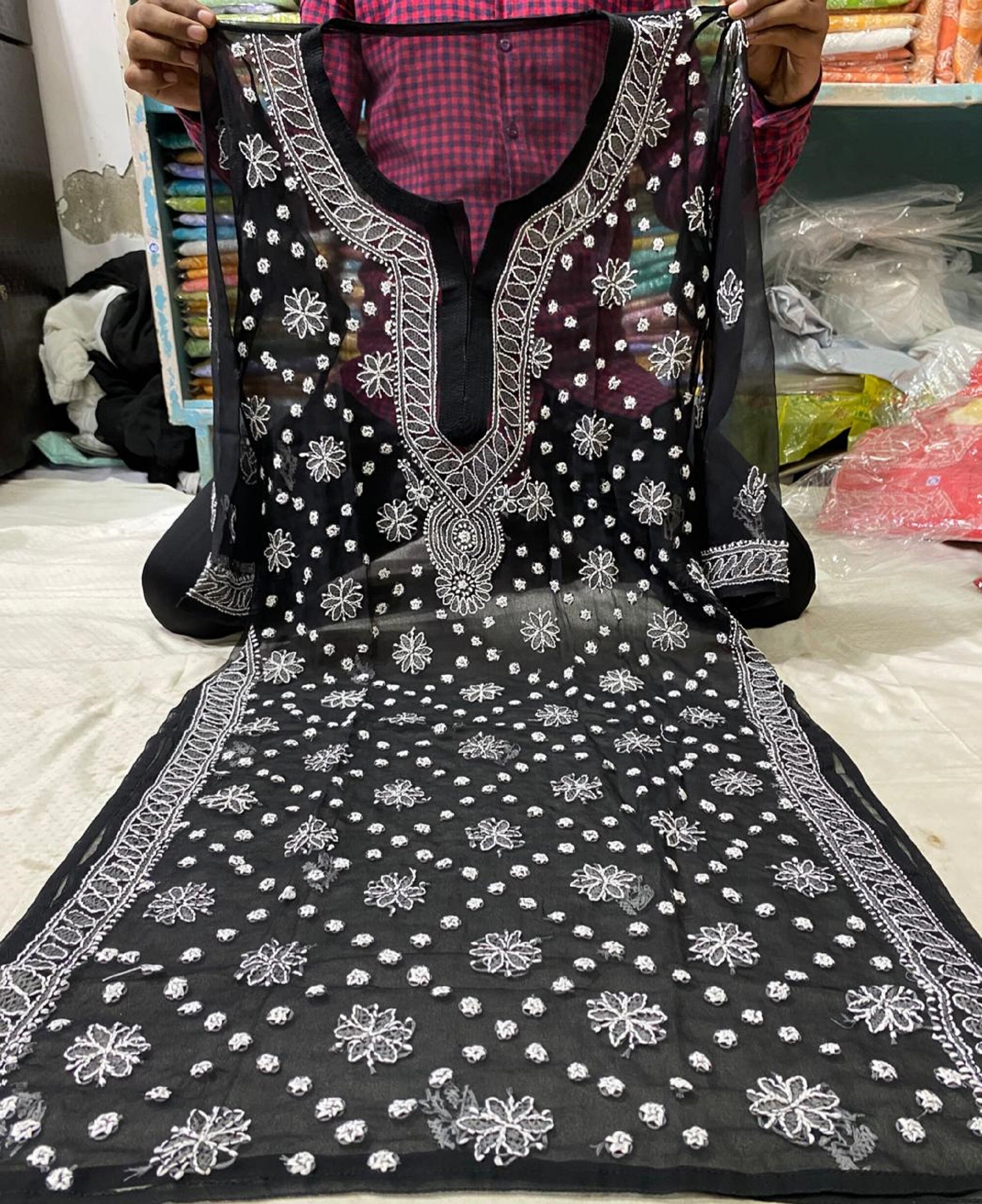 Threads Embroidery Black Women Kurta 