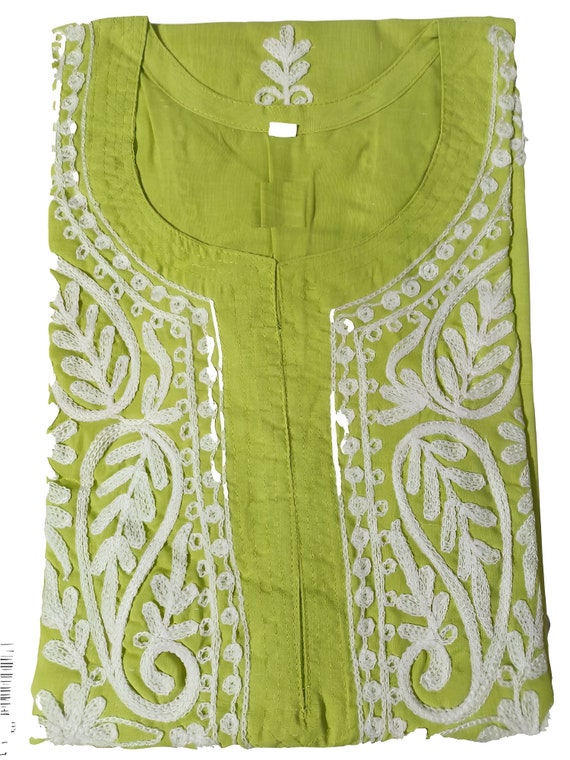 Buy MSONS Womens Lemon Green Tree Katha Neck & Multi Printed Long Cotton  Kurti at Amazon.in