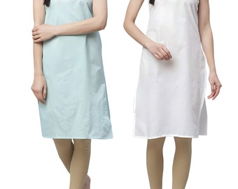 Full-Length Inner Slip Lining for Kurtis,2 Piece Sky Blue and White Color Women Full Camisole Slips,Women's Cotton Suit Slips Long Camisoles