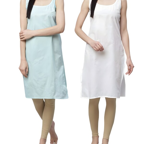 Full-Length Inner Slip Lining for Kurtis,2 Piece Sky Blue and White Color Women Full Camisole Slips,Women's Cotton Suit Slips Long Camisoles