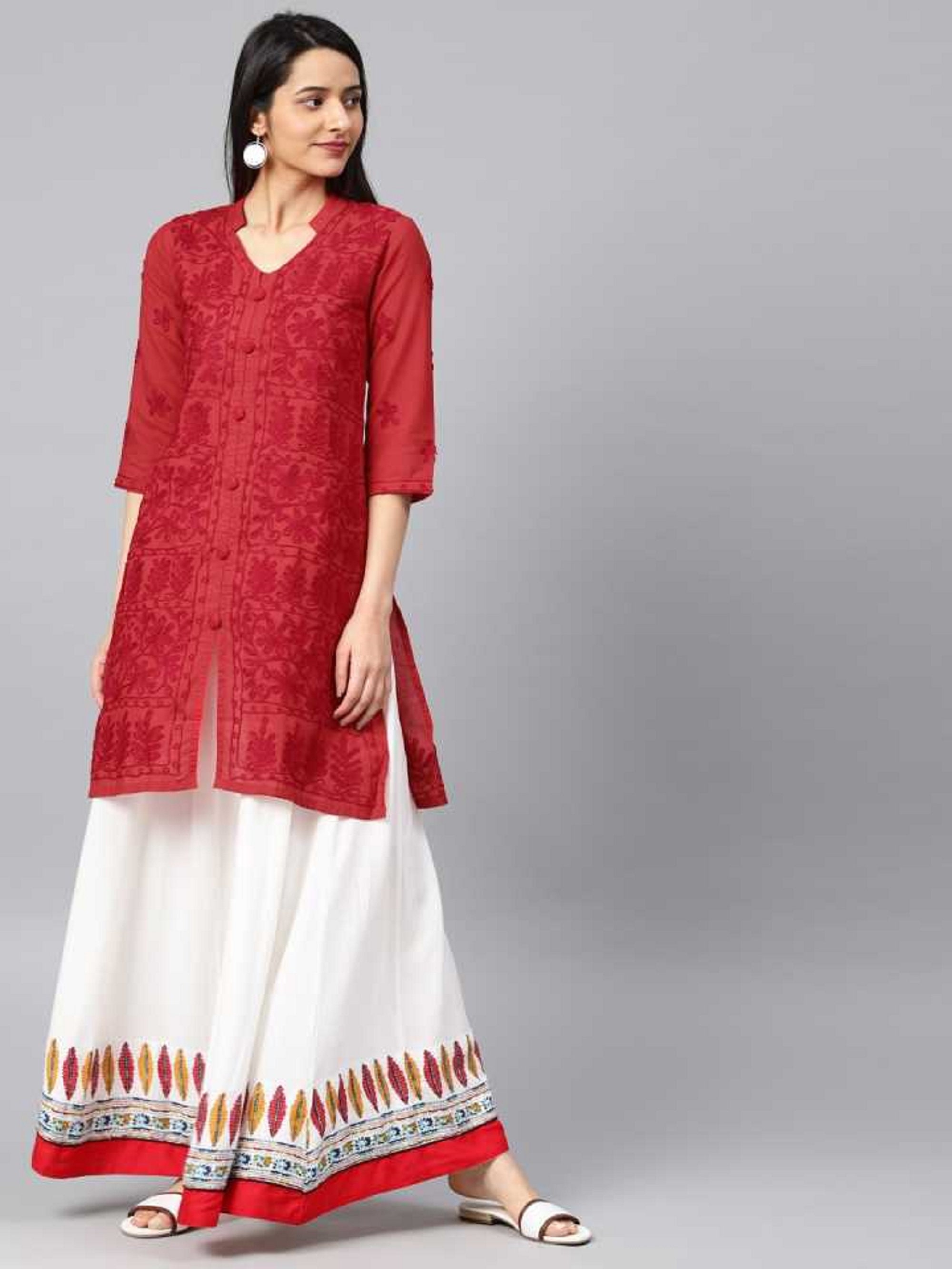 Red Color Indian Style Women Knee Length Shirt Dress For Summer,Beaut…