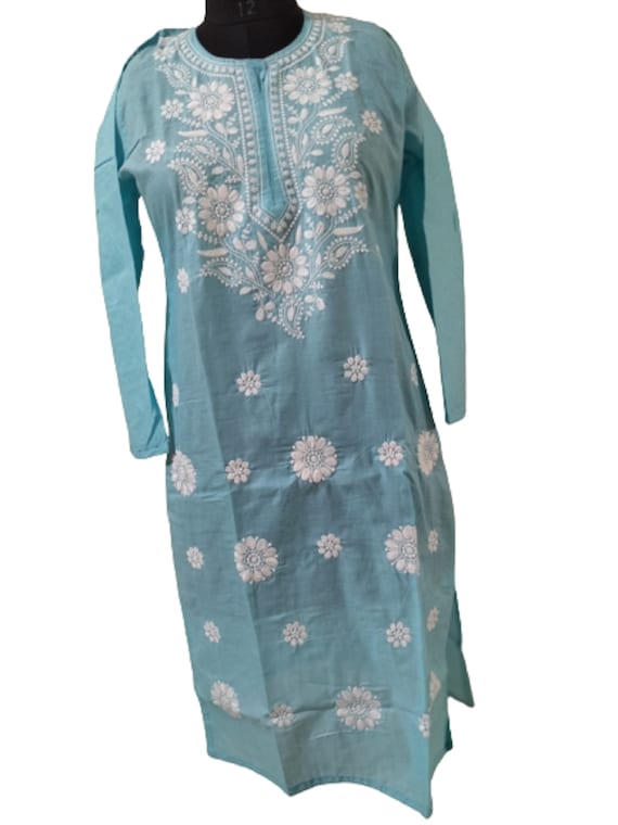 Hand Embroided chikan kurti with Glass work.