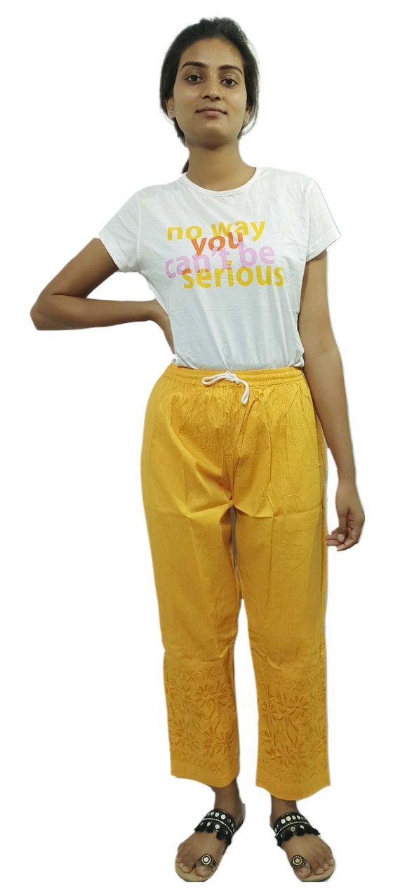 Mustard Yellow Women's Pants, Chikankari Cotton Lycra Salwar Pants, Elastic  Waist Women Pants With Embroidery on Leg, Straight Pant for Girl -   Australia