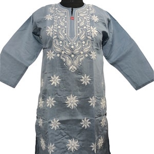 Kurta for Women, Kashmiri Embroidery Work Long Kuri, Indian Readymade Kameez, Lucknowi Chikankari Ladies Dress, Grey Color Long Top Ladies