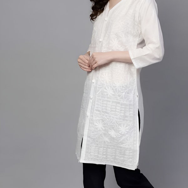 Femmes blanches Salwar Kameez, Chikankari Broderie Kurta et pantalon en coton pour femmes, Pantalon Kurti de travail Lucknowi pour femmes, Ensemble de robe indienne Readymade