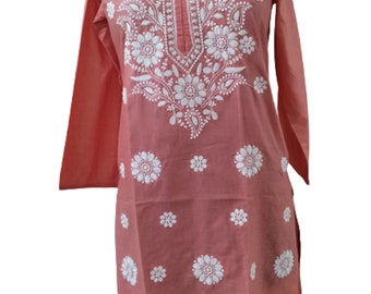 Lucknowi Chikankari Kurta For Women, Peach Color daily Work Wear Summer Kurta, Embroidered Chikankari Kurta Shirt Dress For Women and Girls