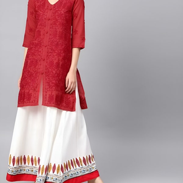 Kurti et pantalon palazzo avec broderie chikankari, ensemble palazzo rouge et blanc, costume indien prêt à l'emploi pour femme, costume d'été en coton pour femme