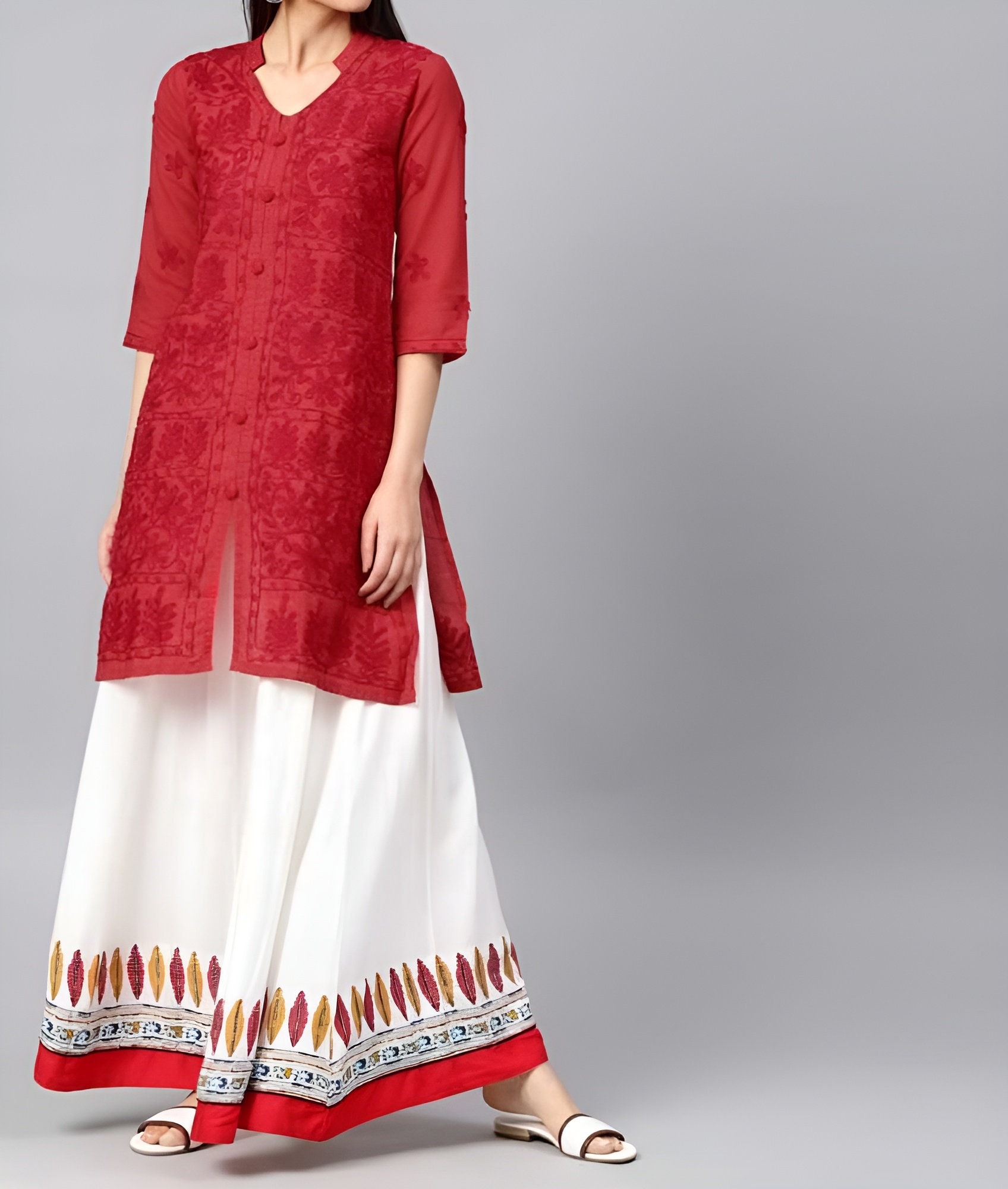 Buy Red Hand Block Printed Cotton Kurta with White Lace Pants and Kota  Doria Dupatta - Set of 3 | KSKK0676/KWH2 | The loom