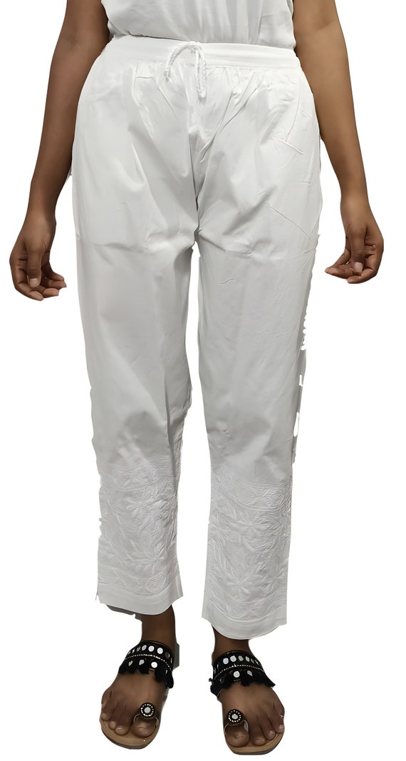White Cotton Straight Pants With Elasticated Waist In Salwar Style |  cotrasworld