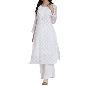 Women Kurti Palazzo Set With Lining Slips, Hand Embroidery Lucknowi White Color Women Kurta Sharara Suits, Georgette Chikankari Indian Dress