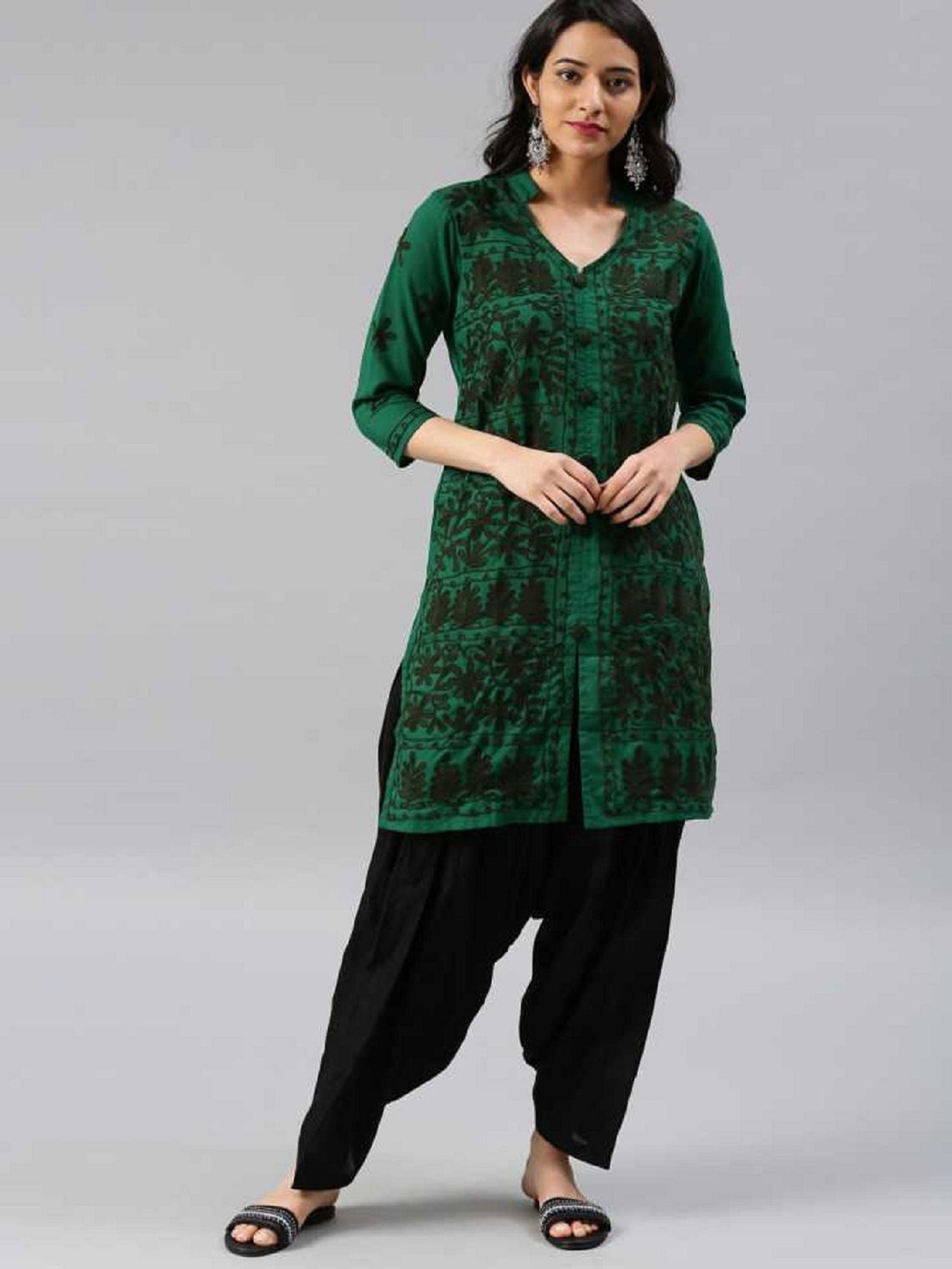 Dark Green Color Cotton Kurta For Women ChikanKari Hand Etsy