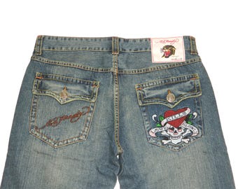 Men&#39;s Ed Hardy Love Kills Slowly Loose Fit Premium Denim Blue Jeans Row 40 Seat 33 measured Size 38x32 Vintage Tattoo Wear