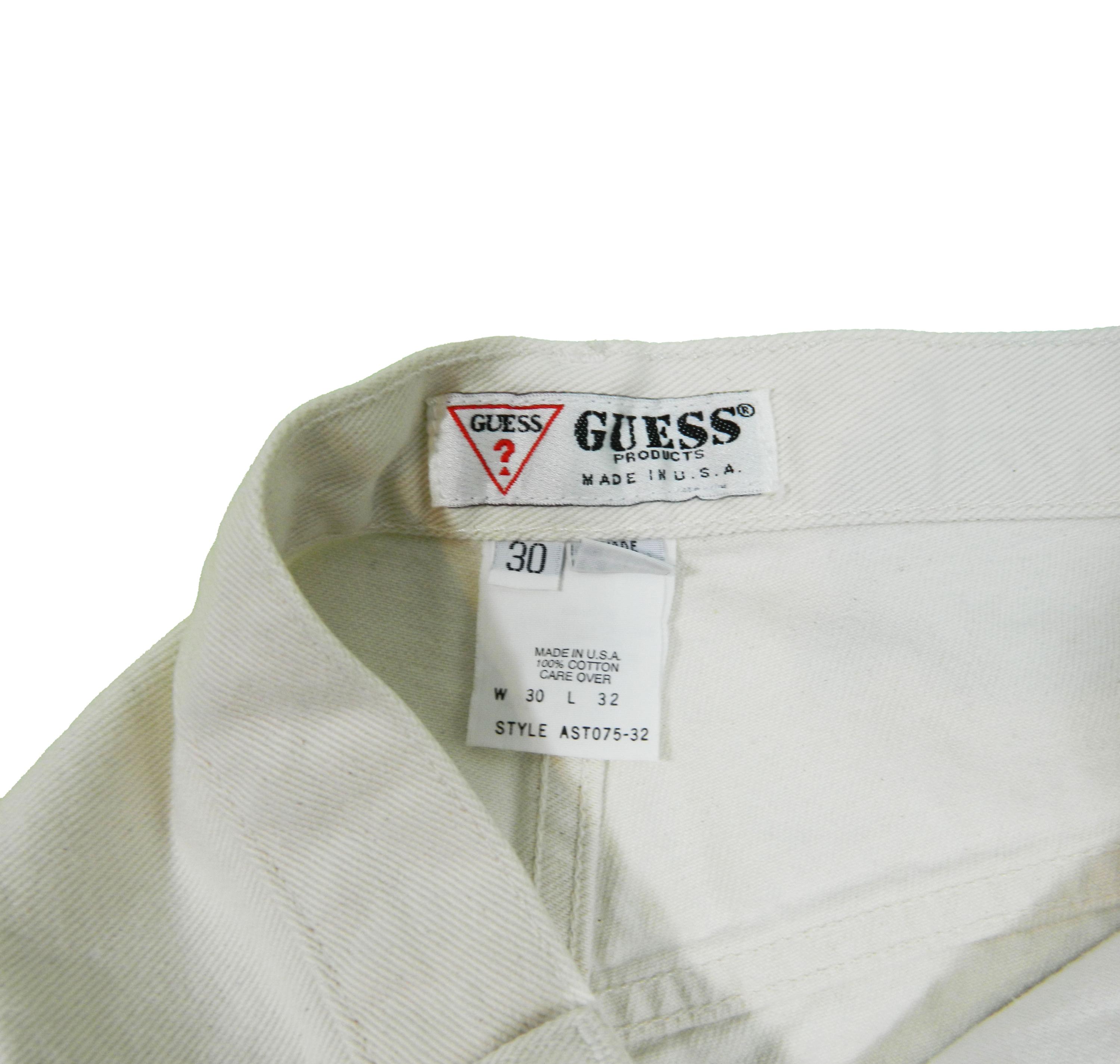 Men's Guess Jeans Premium Denim Pascal Loose Fit Tapered Leg White Jeans Tag 30 measured Size 29x32 Made in the USA 1990's