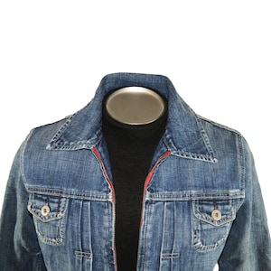 Women&#39;s Lucky Brand Mid-Sleeve Denim Blue Jean Short Length Jacket no Tag Size measured Size S-M 2000-2003