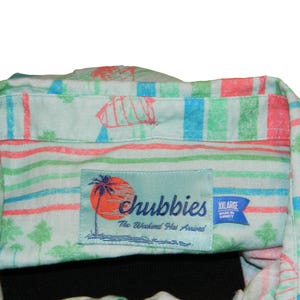 Pu&ograve; includere: Camicia azzurra con bottoni e motivo a righe colorate in rosso, verde e blu. La camicia presenta una toppa con la scritta "chubbies" e la frase "The Weekend Has Arrived!" ed &egrave; taglia XXL.