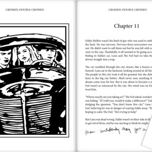 May include: Black and white illustration of three people in a car. The car is driving through a city. The text "CROSSED, DOUBLE-CROSSED" and "Chapter 11" is visible in the image.