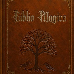 Puede incluir: Un libro encuadernado en cuero marrón con el título "Libro Magica" en letras ornamentadas. La portada presenta un árbol en relieve con dos cuervos y bordes dorados decorativos, evocando un tema de fantasía.