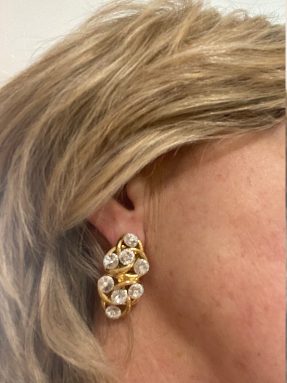 vintage pierced earrings gold finish with rivoli … - image 3