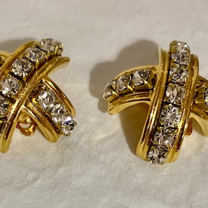 Made in USA Vintage criss cross clip crystal gold earring worn by Selena Designed by Norma Jean Made in USA