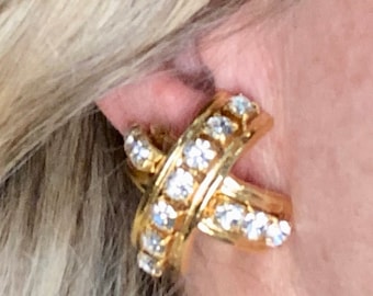 Vintage criss cross clip crystal gold earring Designed by Norma Jean Made in USA