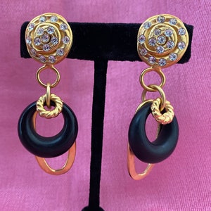 pierced Norma Jean Designs Vintage matte gold earrings with crystals and a matte black drop. Made in the USA