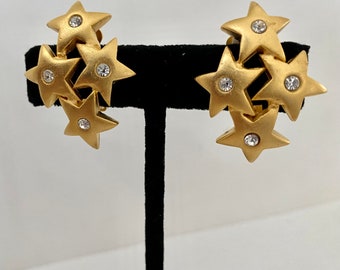 Made in USA Vintage matte gold clip stars with crystals earring. Designed by Norma Jean Designs and signed!