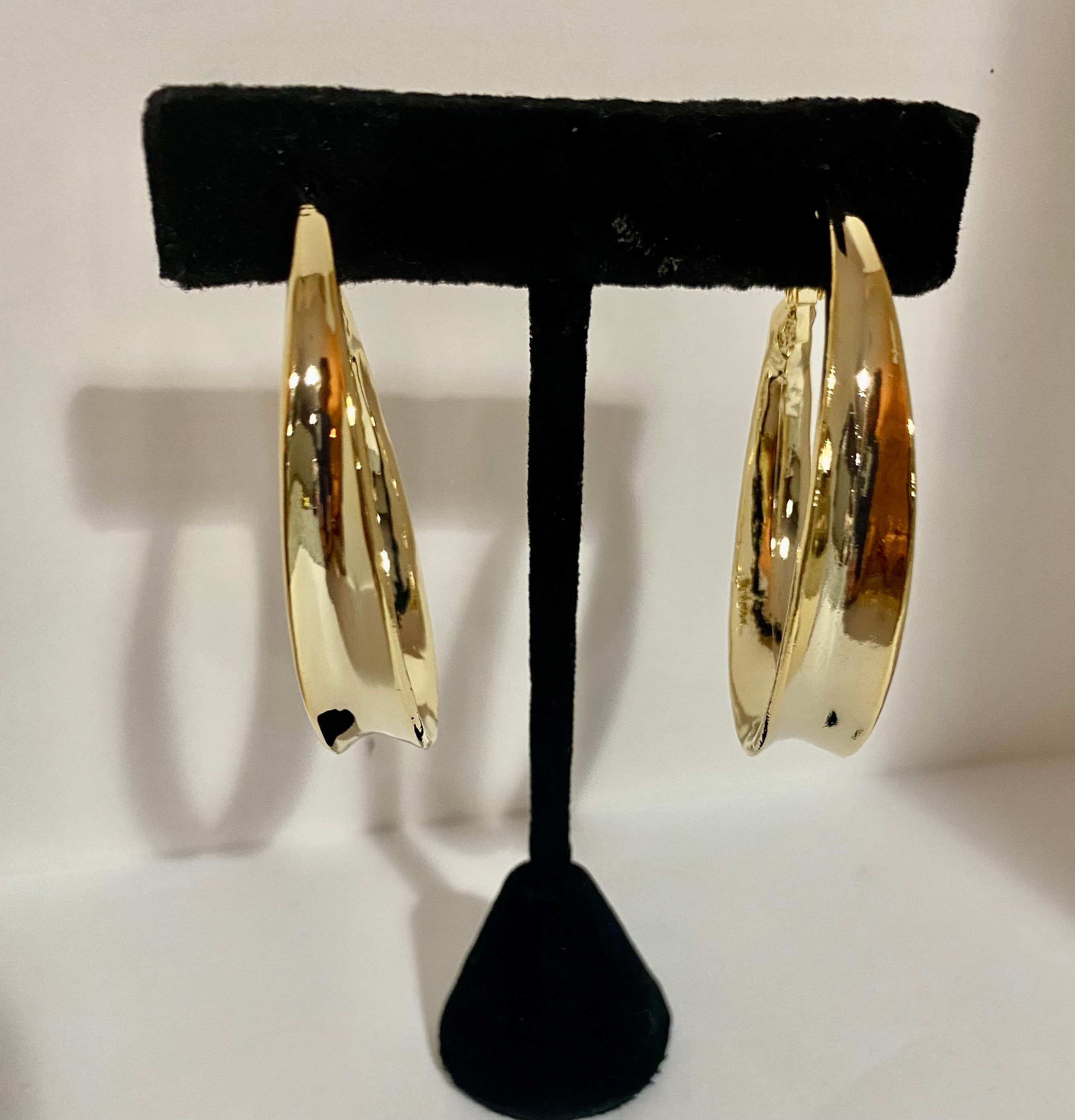 Large pierced concave gold hoops with spring back clip Norma Jean Designs Vintage earrings. Made in the USA