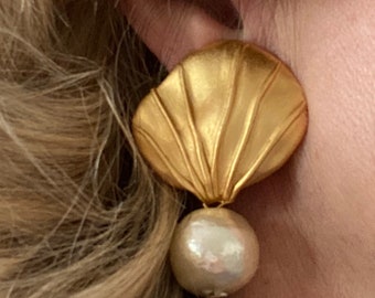 Vintage  clip matt gold earring with white cotton pearl drop. USA made by Norma Jean Designs