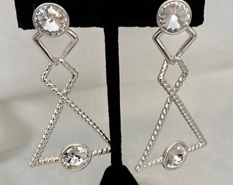 pierced triangle drop sterling silver finish, Vintage  earrings with rivoli crystals.  Worn by Selena in the 1980&#39;s! Made in the USA