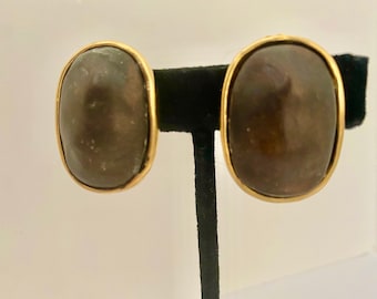 Norma Jean Designs Vintage clip matte gold earrings with dark amber hande stone. Made in the USA