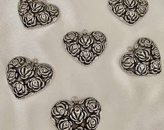 6 large metal silver ox hearts with great detail Great to use to decorate, to sew on fabric or frames etc