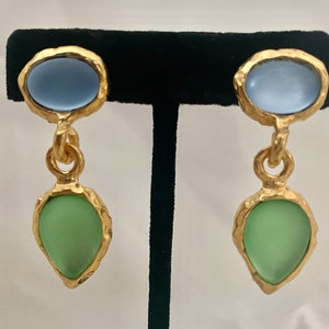 pierced Norma Jean Designs Vintage matte gold earrings with frosted color glass green and blue stones. Made in the USA