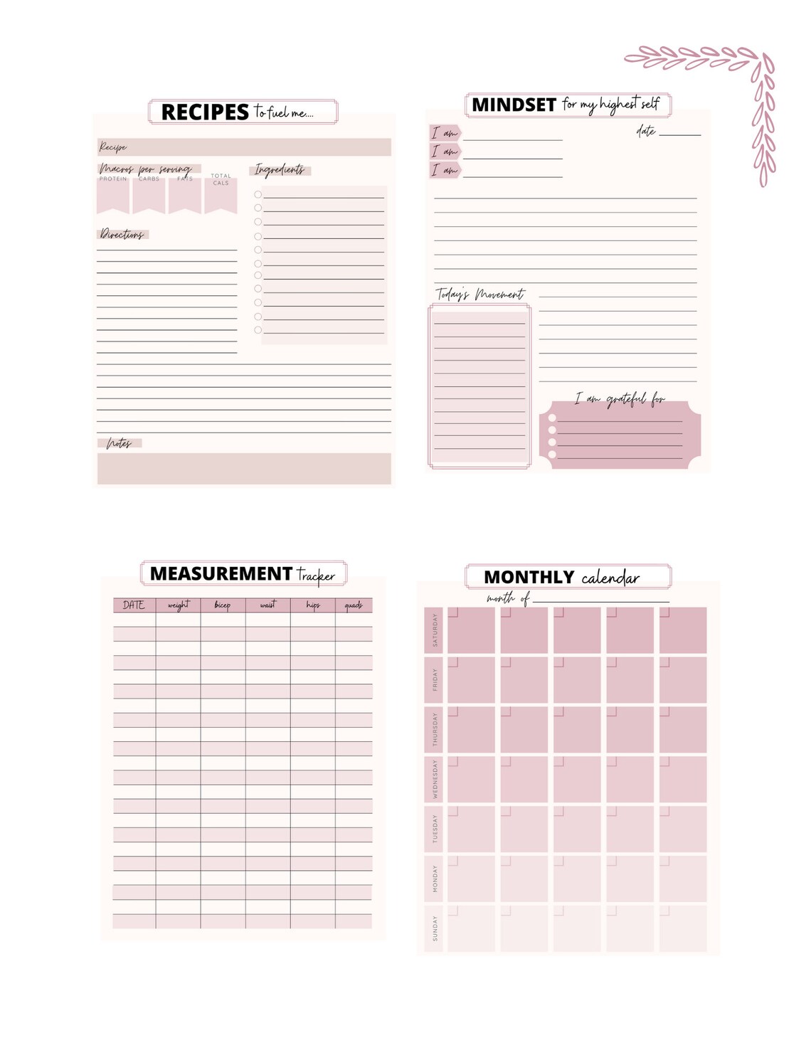 Fitness Planner Pack Printable Workout, Weight Loss, Health, Nutrition