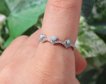 Sterling Silver Larimar Jewel Stacking Ring - Wave Blue Gem Ring Stacking Dainty Wavy 925 Silver Rings for Women - Gift Blue Crystal Stone