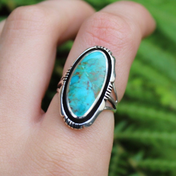 Sterling Silver Turquoise Large Slab Tribal Ring - Blue Gemstone December Birthstone Ring - 925 Sterling Silver Rings for Women - Statement