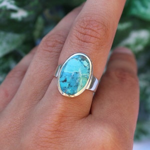 Sterling Silver Turquoise Large Oval Ring - Blue Gemstone December Birthstone Ring - 925 Sterling Silver Rings for Women Statement Gift Band
