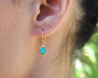 18K Gold Vermeil Turquoise Dangle Oval - Sleepers Delicate Earrings for Women - Statement Indie Hoops Stacking Gold Seconds - Blue Gemstone