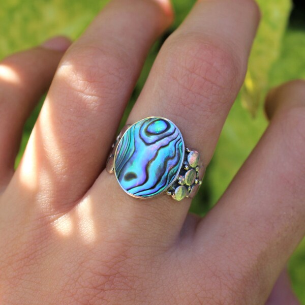 Sterling Silver Abalone Shell Ring - 925 Rings for Women Sterling Silver Ring -Dainty Statement Pattern Stacking Blue Stone Ring - Chunky