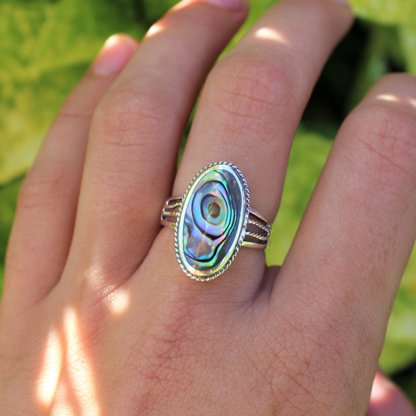 Sterling Silver Large Oval Abalone Shell - 925 Rings for Women - Sterling Silver Ring Blue Statement Ring -Natural Shell Statement Band Gift