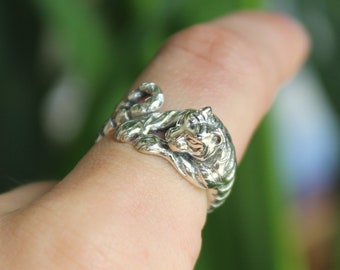 Sterling Silver Tiger Wrap Ring - 925 Silver Rings for Women - Edgy Boho Thin Band Statement Dainty - Animal Big Cat Chunky Swirl Indie Ring
