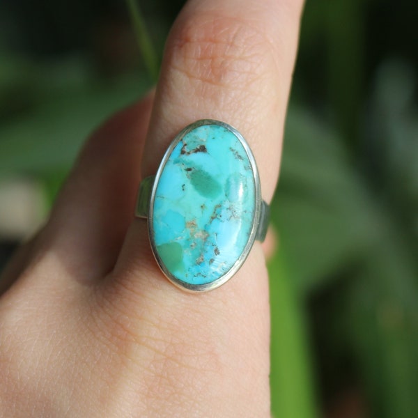 Sterling Silver X-Large Turquoise Plain Ring - Large Oval Blue Gemstone December Birthstone -925 Silver Rings for Women - Natural Stone Gift