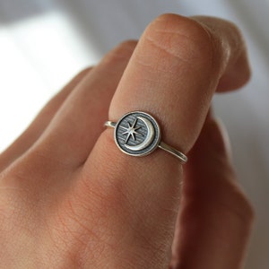 Sterling Silver Crescent Moon and Star Circle Ring - Dainty Statement Thin 925 Silver Rings for Women - Astrology Midi Gift Stacking Band