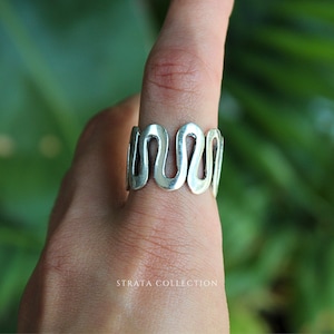 Sterling Silver Wave Fold Ring - Wavy 925 Silver Rings for Women - Squiggle Band Statement Fold Ring - Abstract Wavy Thick Band Stacking